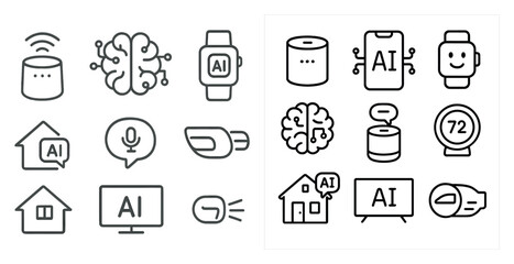 Fototapeta premium Collection of icons for smart home devices. The icons include a smart speaker, smart TV, smart thermostat, smart light, and a smart home hub. The icons are all in black and white