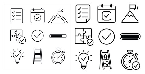 Fototapeta premium Set of icons for a calendar app. The icons include a check mark, a mountain, a puzzle, a clock, a light bulb, and a ladder
