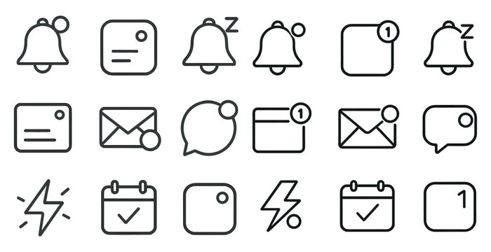 Collection of icons for various apps and services. The icons are all black and white and include a bell, a calendar, a clock, and a check mark