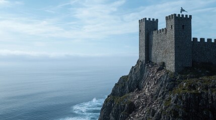 Historic Castle Perched on a Cliffside Overlooking the Serene Ocean Landscape