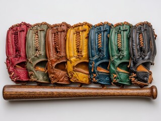 Wooden bat with a row of colorful baseball gloves in various leather tones