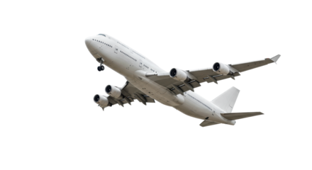 Large modern white wide-body passenger airplane, resembling a Boeing 747, with four engines and windows, banking upwards mid-flight against a seamless transparent background, no shadows, high-end