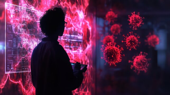 Scientist Analyzing Virus Data with Holographic Displays and Futuristic Technology