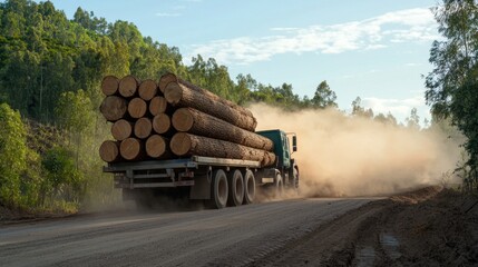 Heavy Logging Truck Transporting Huge Tree Trunks Through Dusty Forest Road Landscape