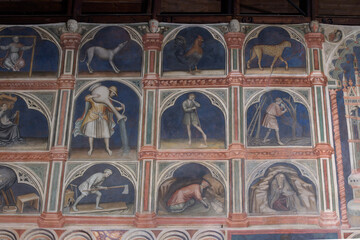 Part of the fresco cycle on the walls of the Palazzo della Ragione, Padua, Italy. It depicts scenes...