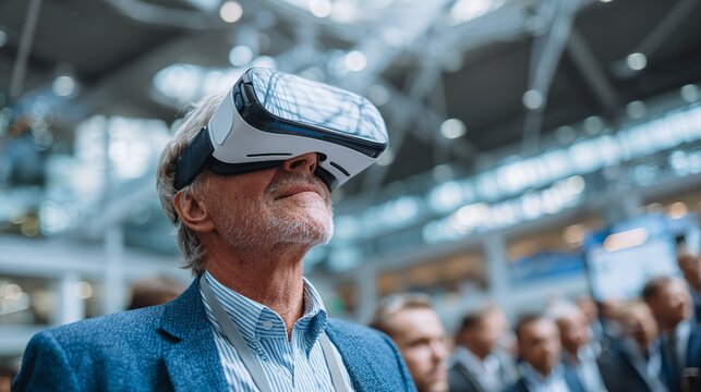 Senior man explores virtual reality experience in futuristic setting using VR headset with blurred background. - Powered by Adobe