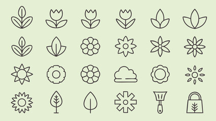 Collection of simple line art icons featuring flowers leaves a cloud a trowel and a shopping bag