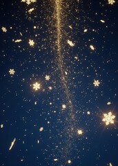 Fototapeta premium Dark blue background with floating golden sparkles and glowing snowflakes