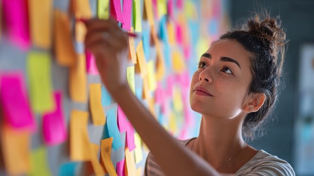 Young woman writing notes on colorful sticky notes attached to a wall filled with ideas.