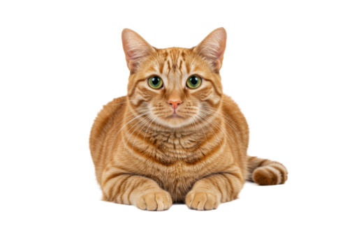 An orange tabby domestic shorthair cat with vibrant emerald green eyes, lying calmly on a transparent background, looking at viewer with an alert, inquisitive expression, concept of pet companionship