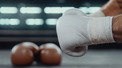 Close-Up Macro Shot of Boxer's Hands Wrapping Fabric Around Knuckles Before Training Session