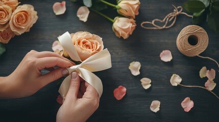 Florist's Hands Tying a Beautiful Ribbon on a Bouquet of Peach Roses Surrounded by Petals