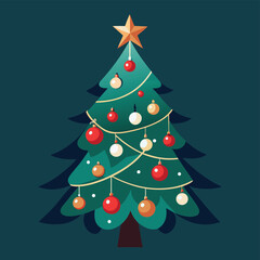 Stylized Green Christmas Tree with Decorations and Snowy Ground in Cheerful Cartoon Design  Simple and Bright Holiday Vector