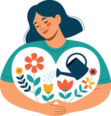 Woman embracing heart shaped garden with watering can and flowers on white background