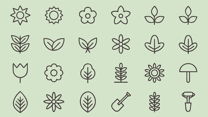 Collection of simple outline icons representing flowers leaves plants and gardening tools