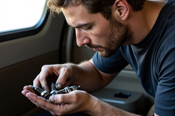 Male mechanic sitting inside a vehicle carefully inspects small, intricate metal parts in his hands, performing a detailed diagnosis or repair of an automotive component