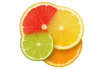 Citrus slice mosaic featuring grapefruit, lemon, lime, orange overlapping with translucent layers, displaying vivid colors and fresh texture