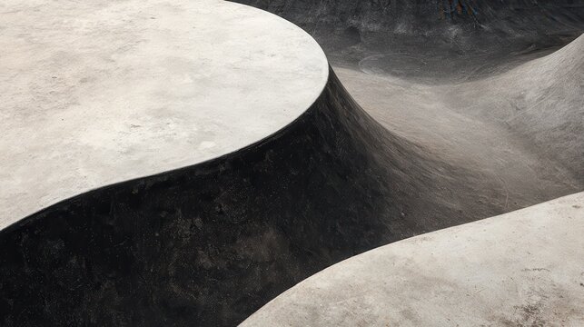 Concrete skatepark ramp curving smoothly, casting geometric shadows across weathered and pristine surfaces, revealing architectural lines