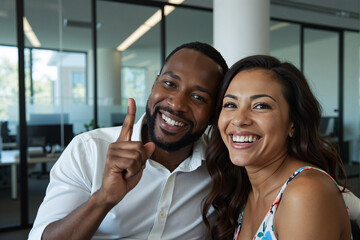 Joyful African American business partners smiling happily at the camera in a modern office, the man showing a thumbs-up sign to express success, team approval, and job satisfaction