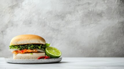 Minimalist Food Styling of a Single Hamburger with Lime on a Neutral Background