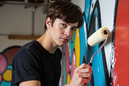 Focused teenage boy passionately painting a vibrant and colorful graffiti mural on a wall with a roller, expressing his artistic talent and creativity in an urban street art project