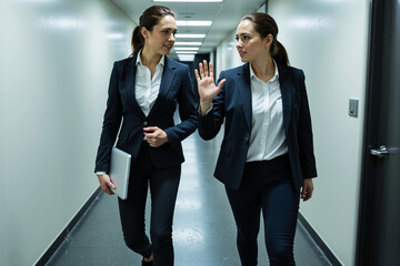 Two professional businesswomen in formal suits engaged in a serious discussion while walking through a modern, brightly lit office corridor, collaborating on corporate strategy