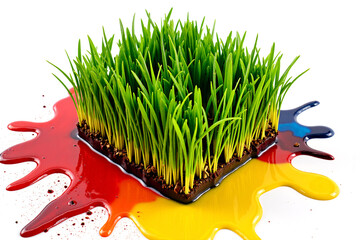 Conceptual image of vibrant green grass growing from a splash of primary colored paints, symbolizing the fusion of nature with creativity, organic growth, and eco-friendly art