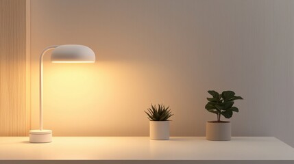 Minimalist Scandinavian Home Office Setup with Contemporary Desk, Lamp, and Indoor Plants