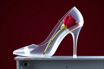 Elegant glass high-heeled shoe holds a single perfect red rose inside, a modern interpretation of the Cinderella fairytale symbolizing fragile romance, love, and unattainable beauty
