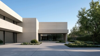 Modern Minimalist Architecture Exterior with Clean Lines and Lush Landscaping