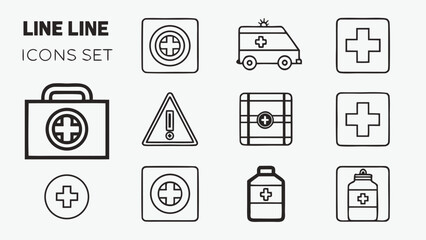 Hand drawn medical icons set featuring ambulance first aid kit and medicine bottles