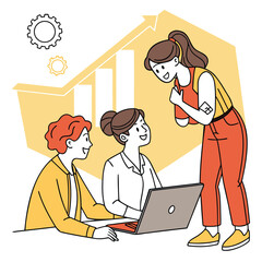 Mother and children working together on laptop in office cartoon illustration