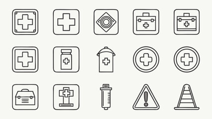 Collection of hand drawn medical and safety icons including crosses first aid kits and warning signs