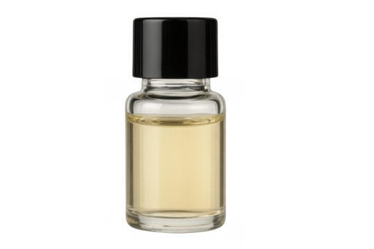 Small transparent glass bottle with black cap containing light yellow liquid, isolated on transparent background, ideal for mockups