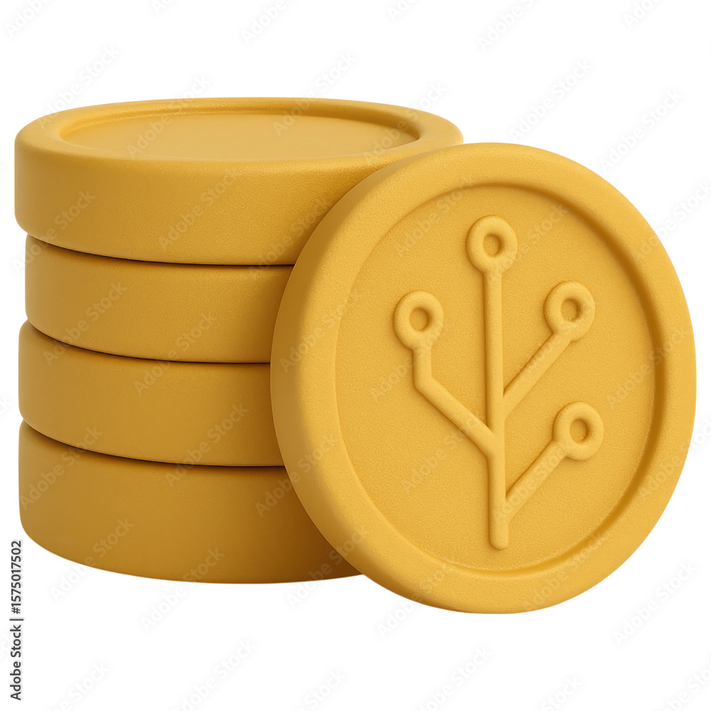 Poster a stack of gold tokens with a branching circuit design representing digital currency and blockchain 