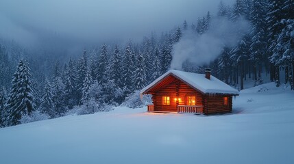 Warm cabin nestled in a snowy forest at twilight.
