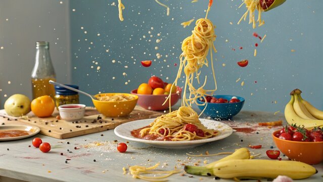 Food Fight Scene &ndash; A playful, chaotic table with splashes of sauce, scattered fruits, and flying pasta caught mid-air.