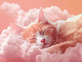 An adorable orange and white cat peacefully sleeping atop fluffy pink clouds, set against a dreamy pastel sky. The image evokes calm, warmth, and tenderness.

