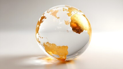 Golden continents adorn a clear glass globe, showcasing world geography.