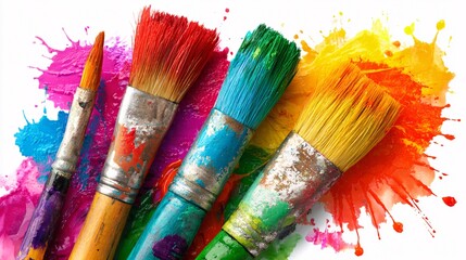 Colorful paintbrushes with vibrant paint splatters