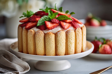 Strawberry charlotte cake, perfect for any special occasion or celebration. Summer treat.