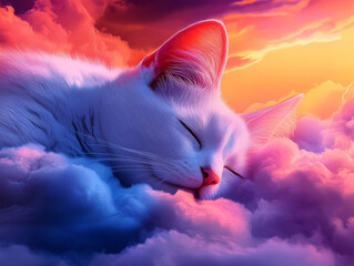 An adorable orange and white cat peacefully sleeping atop fluffy pink clouds, set against a dreamy pastel sky. The image evokes calm, warmth, and tenderness.

