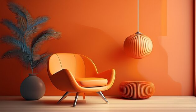 retro inspired interior with orange lounge chair colorful pendant lamp and sculptural vase warm orange walls and playful shapes create a cheerful atmosphere