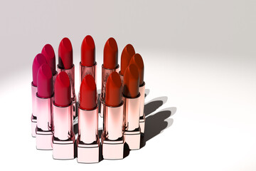 set Luxurious golden lipsticks scattered on light background, elegance and beauty in cosmetics,...