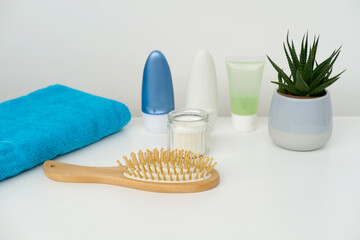 modern white hairdryer, hygiene items, Beauty tools and accessories for fresh, clean look, personal...