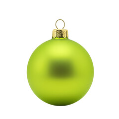 A spherical, vibrant lime green Christmas tree ornament with a smooth matte finish & metallic golden cap, isolated against a transparent seamless background with no shadows. Concept for festive