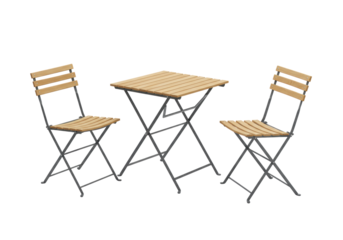 Small square foldable wooden table with slatted light natural wood top and dark grey metal frame, and two matching chairs, all pristine on a transparent isolated studio background with no shadows,