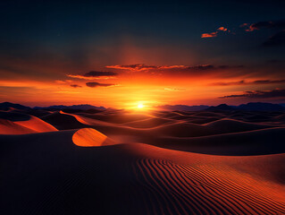 A mesmerizing view of desert dunes glowing with golden-orange sunlight, creating dramatic shadows and flowing shapes. A powerful yet minimalist natural scene.

