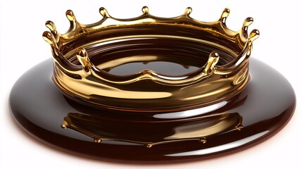 Golden crown resting on a glossy chocolate surface, a luxurious design.