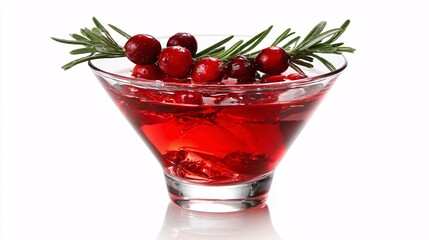 Festive cranberry cocktail with rosemary sprigs in a clear martini glass.